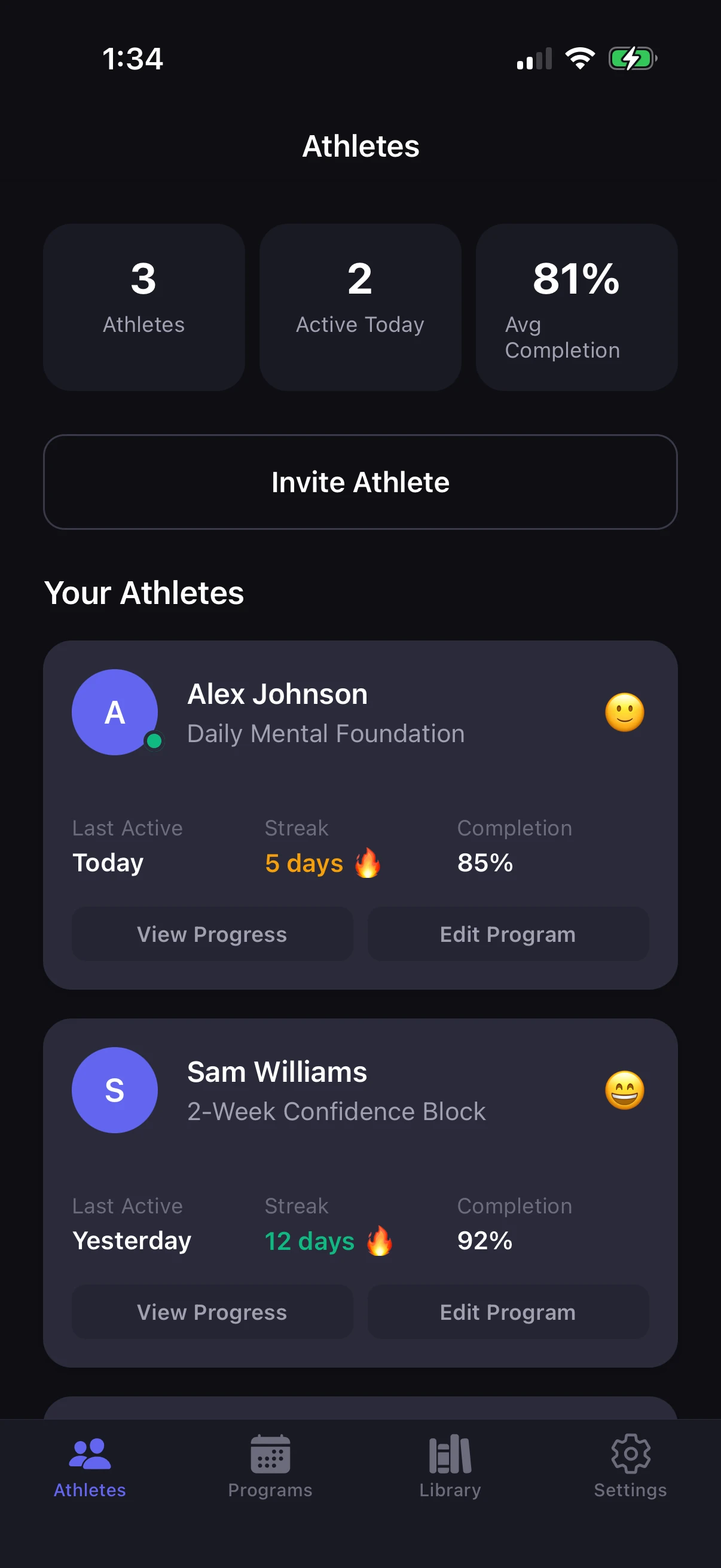 Coach athlete dashboard